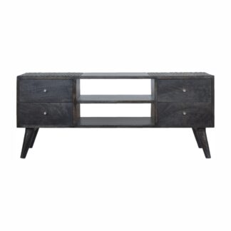 Solid Mango Wood Black Ash Finished Scandinavian Style Four Drawer Two Slot Media Unit