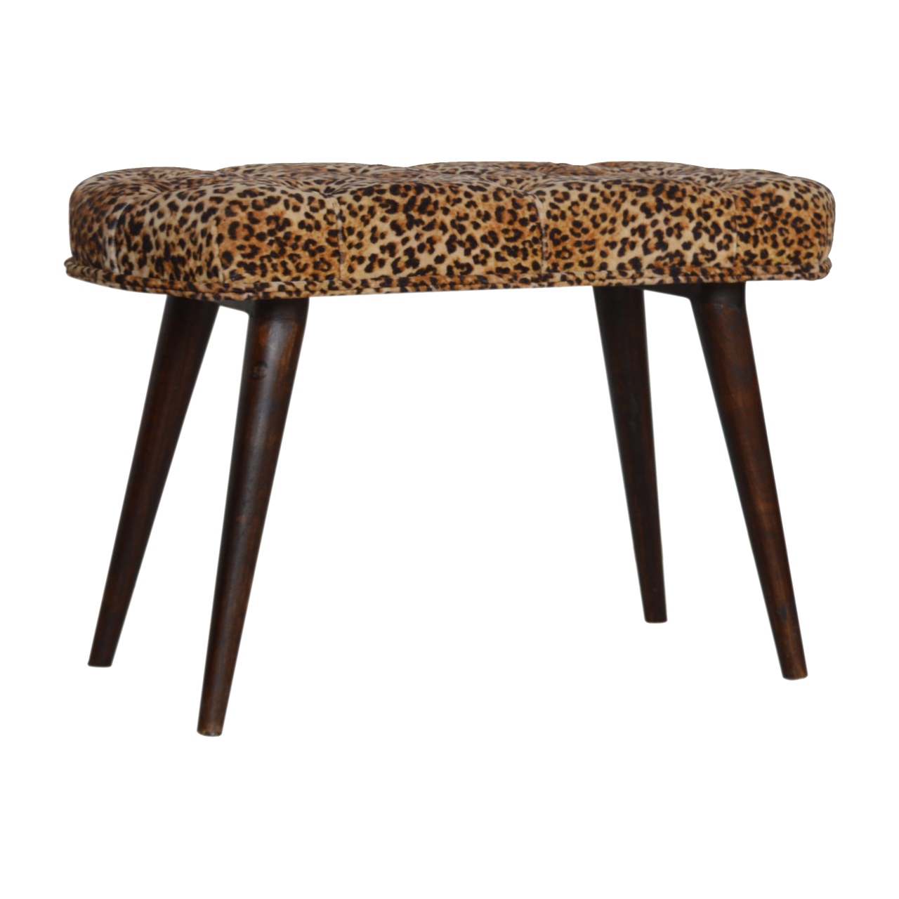 Solid Mango Wood Walnut Finished Leopard Print Cotton Velvet Deep Button Bench - Image 2