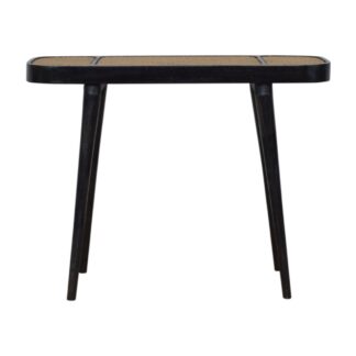 Solid Mango Wood Carbon Black Framed Rattan Topped Round Cornered Console Table