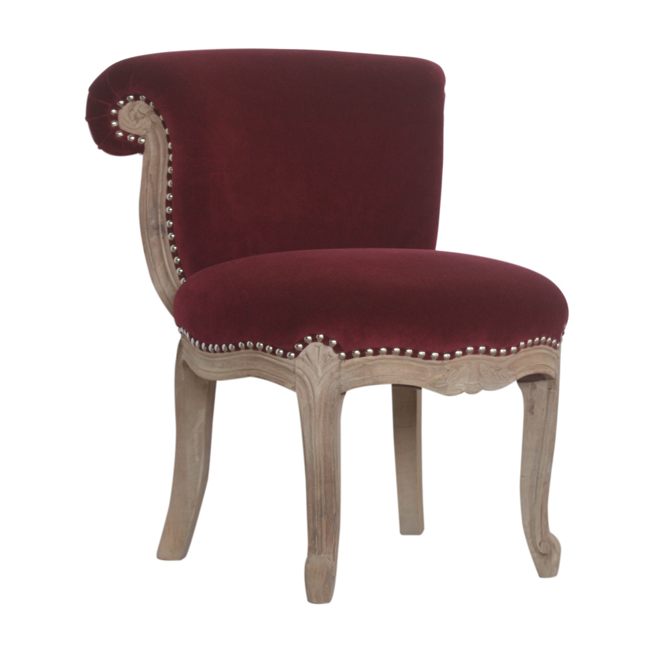 Solid Mango Wood Oak Finished Wine Red Velvet Studded Chair - Image 2