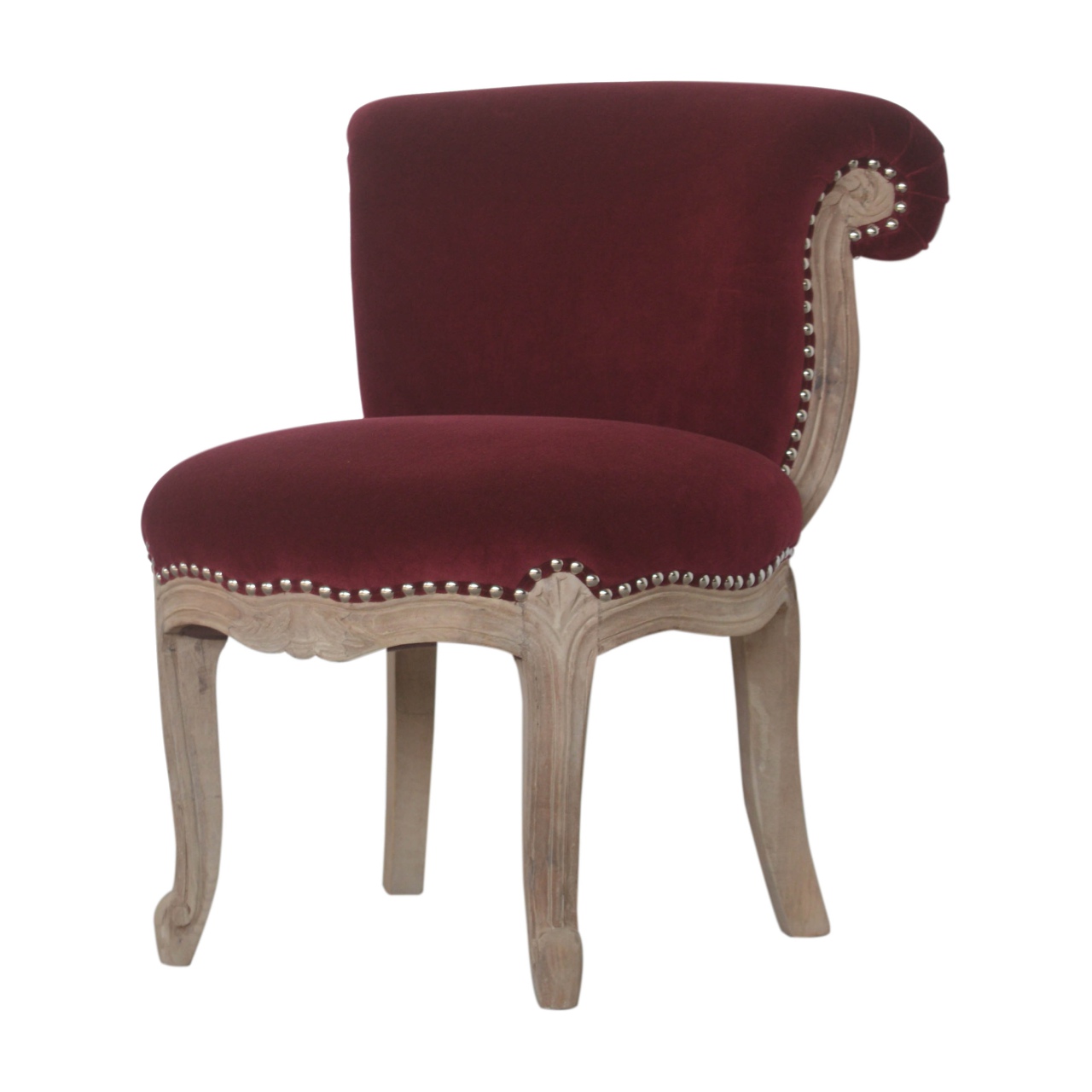 Solid Mango Wood Oak Finished Wine Red Velvet Studded Chair - Image 3