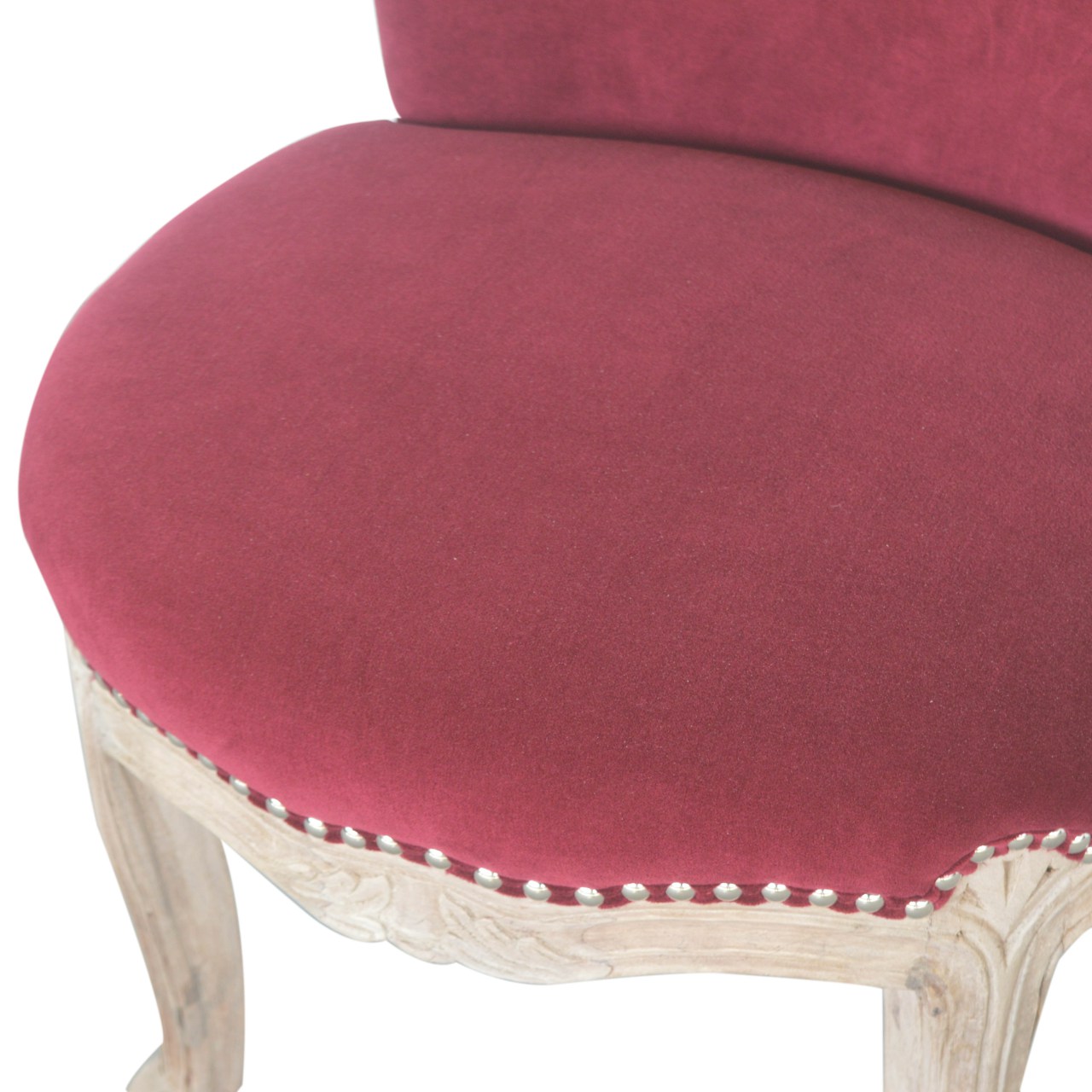 Solid Mango Wood Oak Finished Wine Red Velvet Studded Chair - Image 4