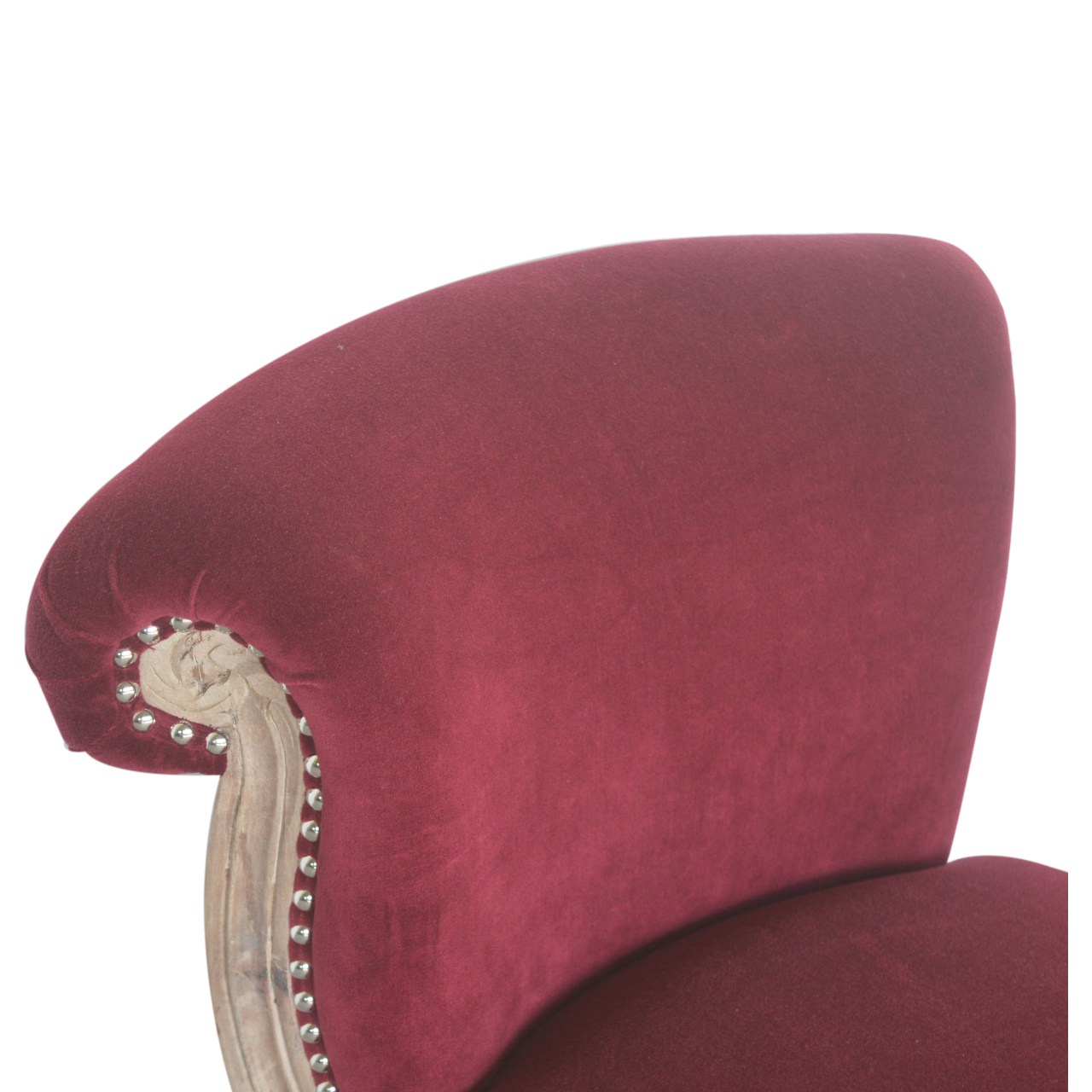 Solid Mango Wood Oak Finished Wine Red Velvet Studded Chair - Image 5