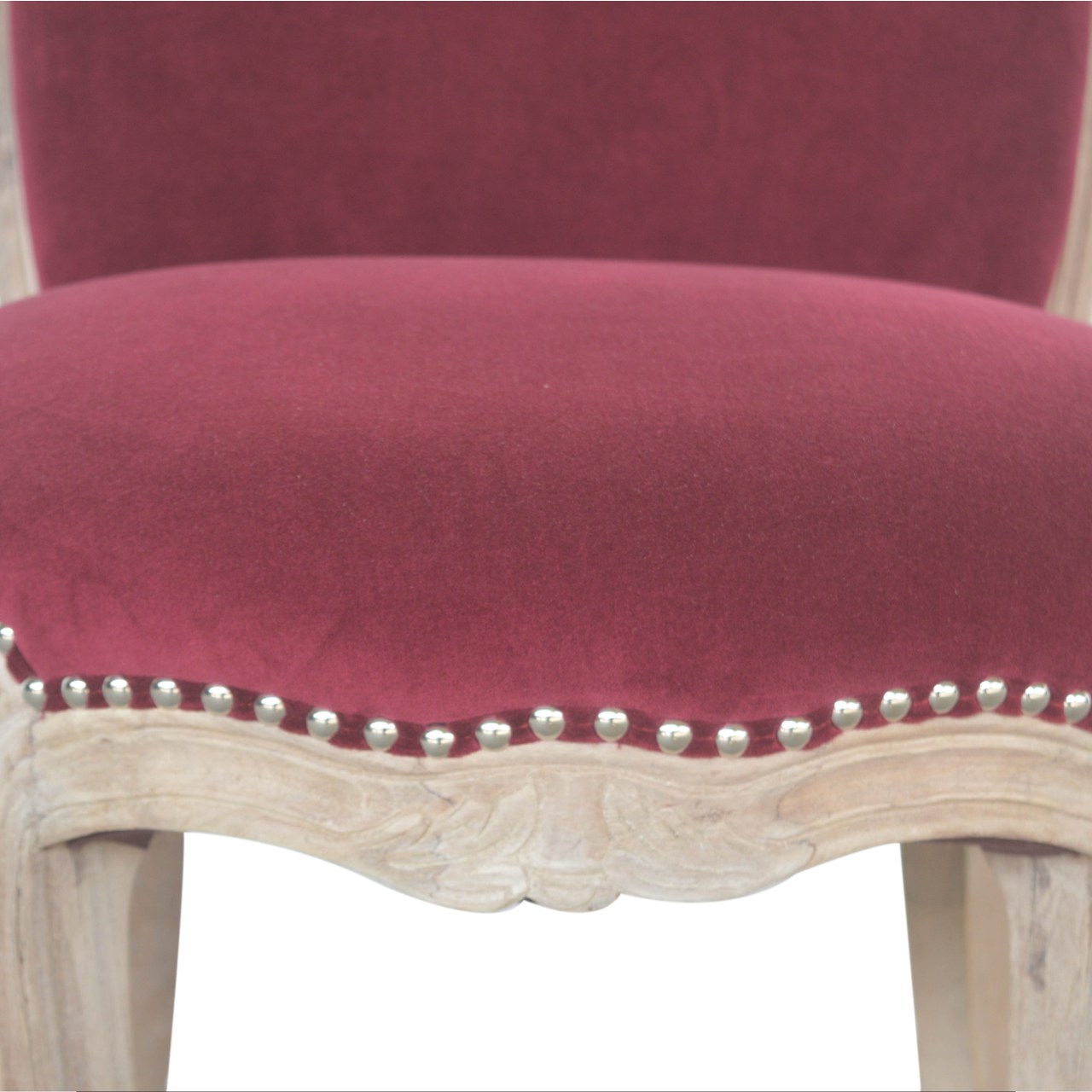 Solid Mango Wood Oak Finished Wine Red Velvet Studded Chair - Image 6