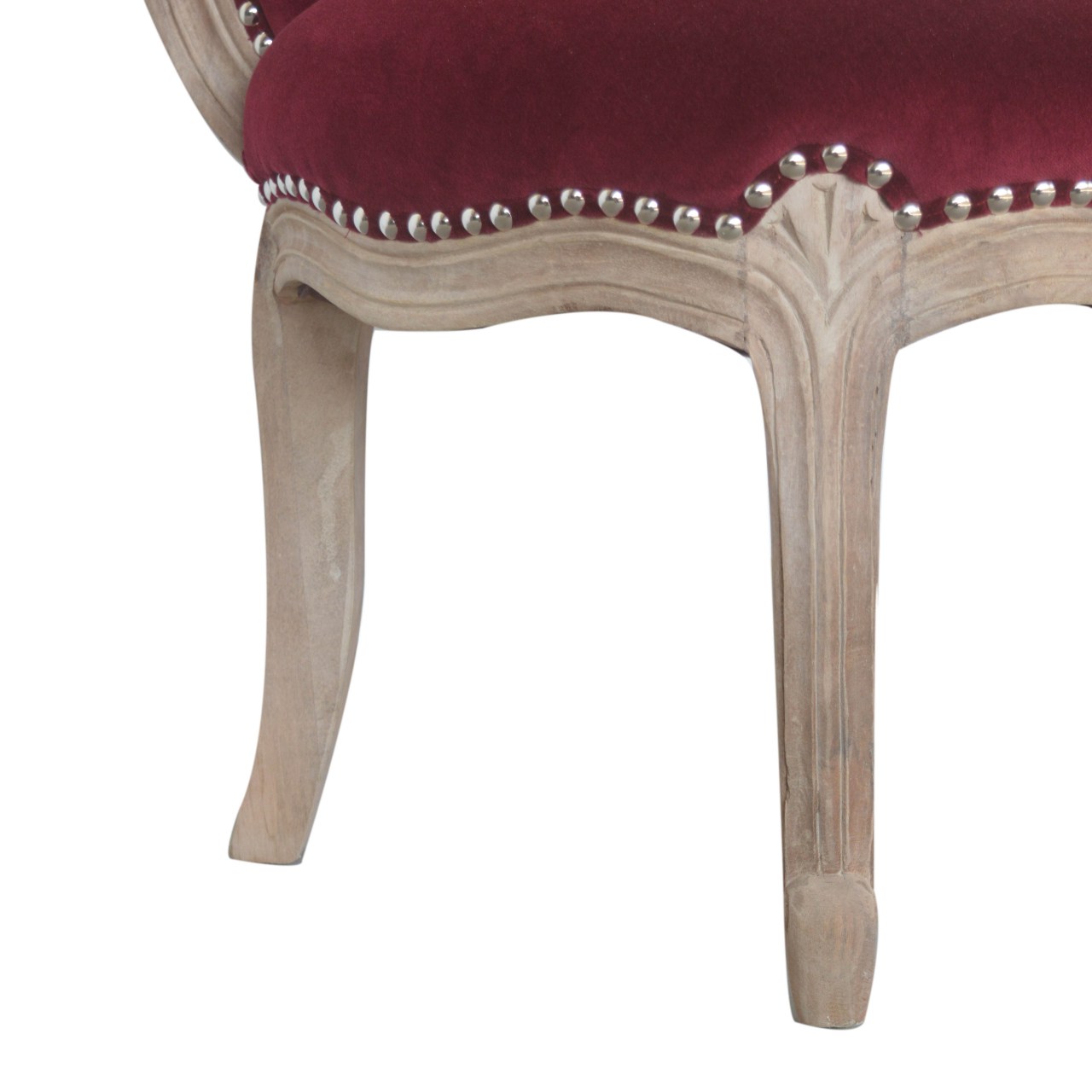 Solid Mango Wood Oak Finished Wine Red Velvet Studded Chair - Image 7