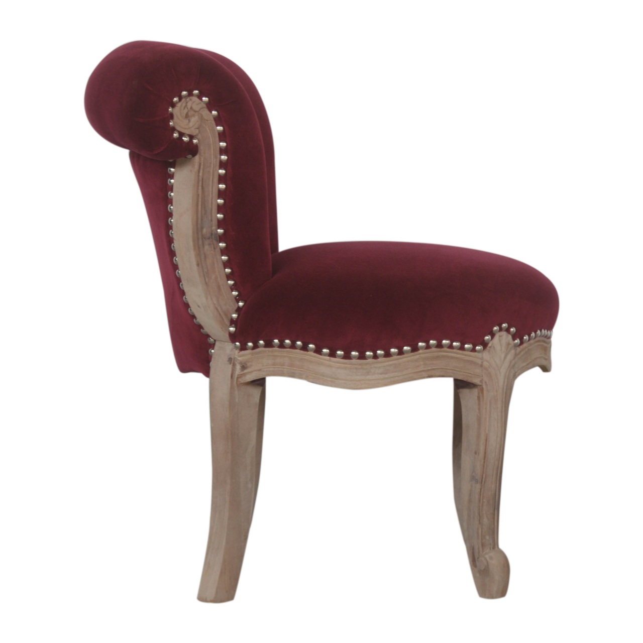Solid Mango Wood Oak Finished Wine Red Velvet Studded Chair - Image 8