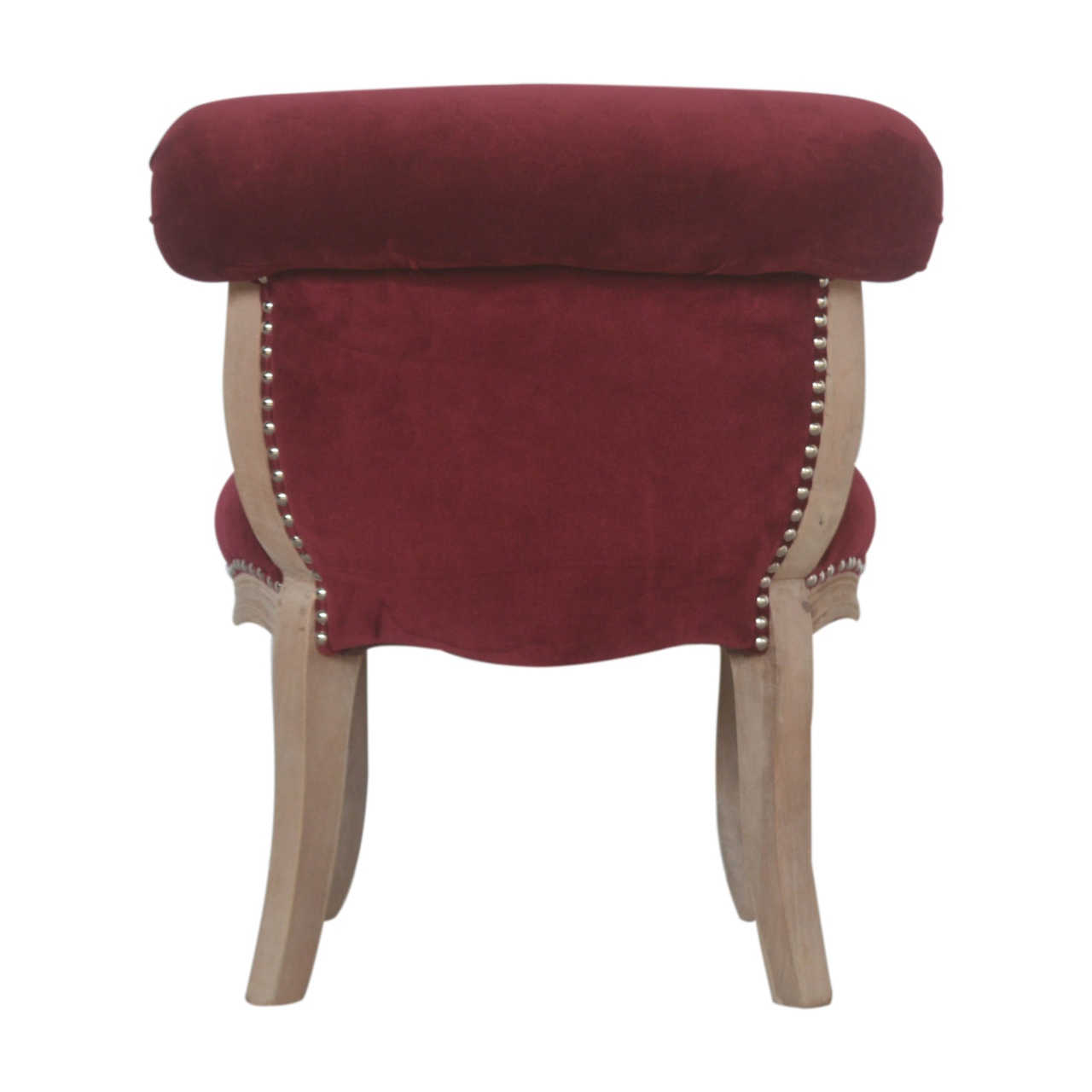 Solid Mango Wood Oak Finished Wine Red Velvet Studded Chair - Image 9