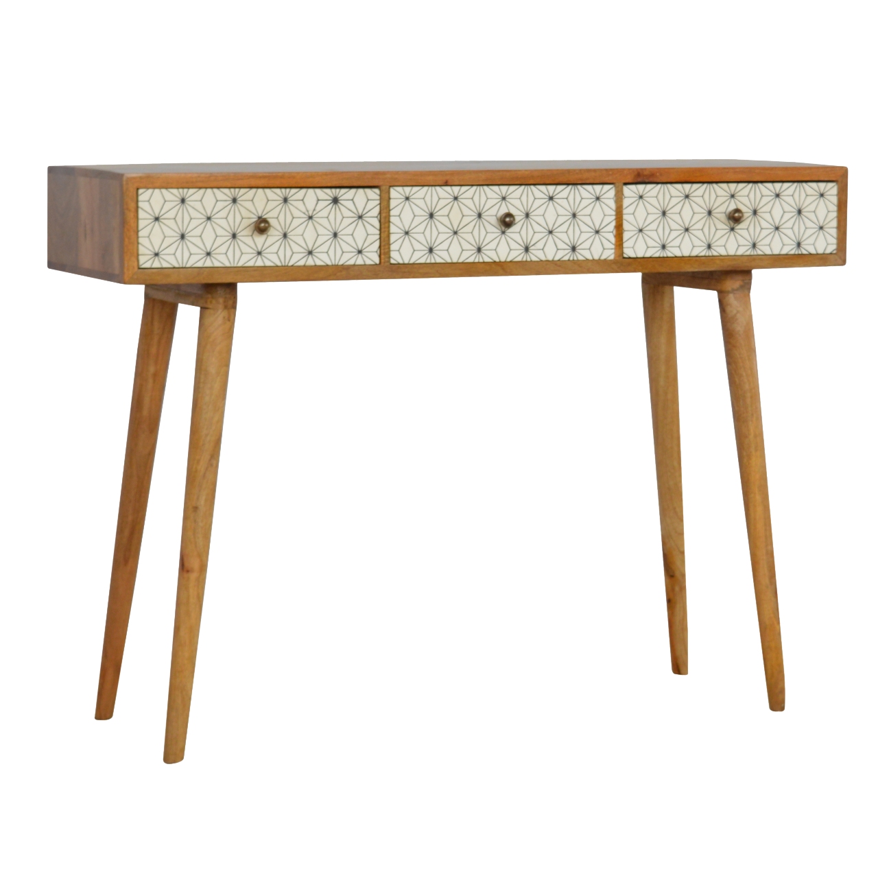 Solid Oak Finished Mango Wood 3 Drawer Screen Print Scandinavian Desk - Image 2