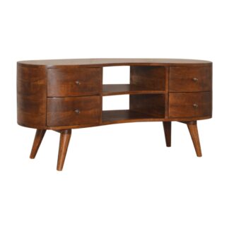 Solid Chestnut Finished Mango Wood Scandinavian Style 4 Drawer 2 Slot Rounded Corners TV/Media Unit