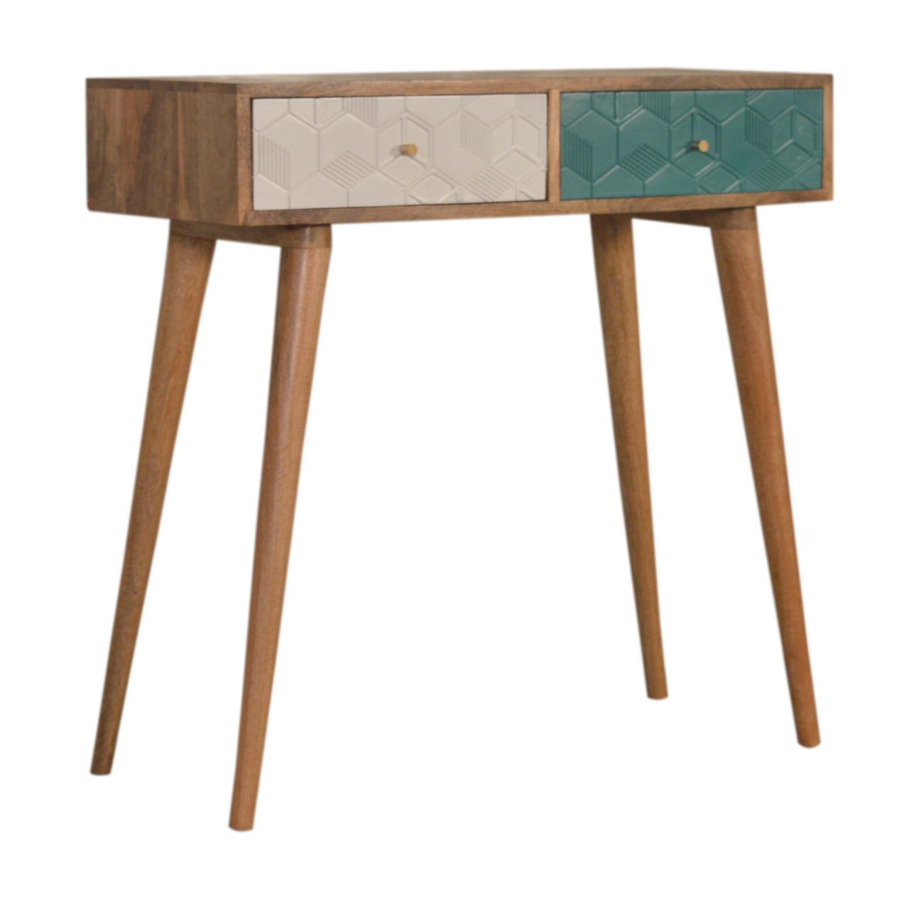 Solid Mango Wood Oak Finished White and Teal Painted 2 Drawer Console Table - Image 2