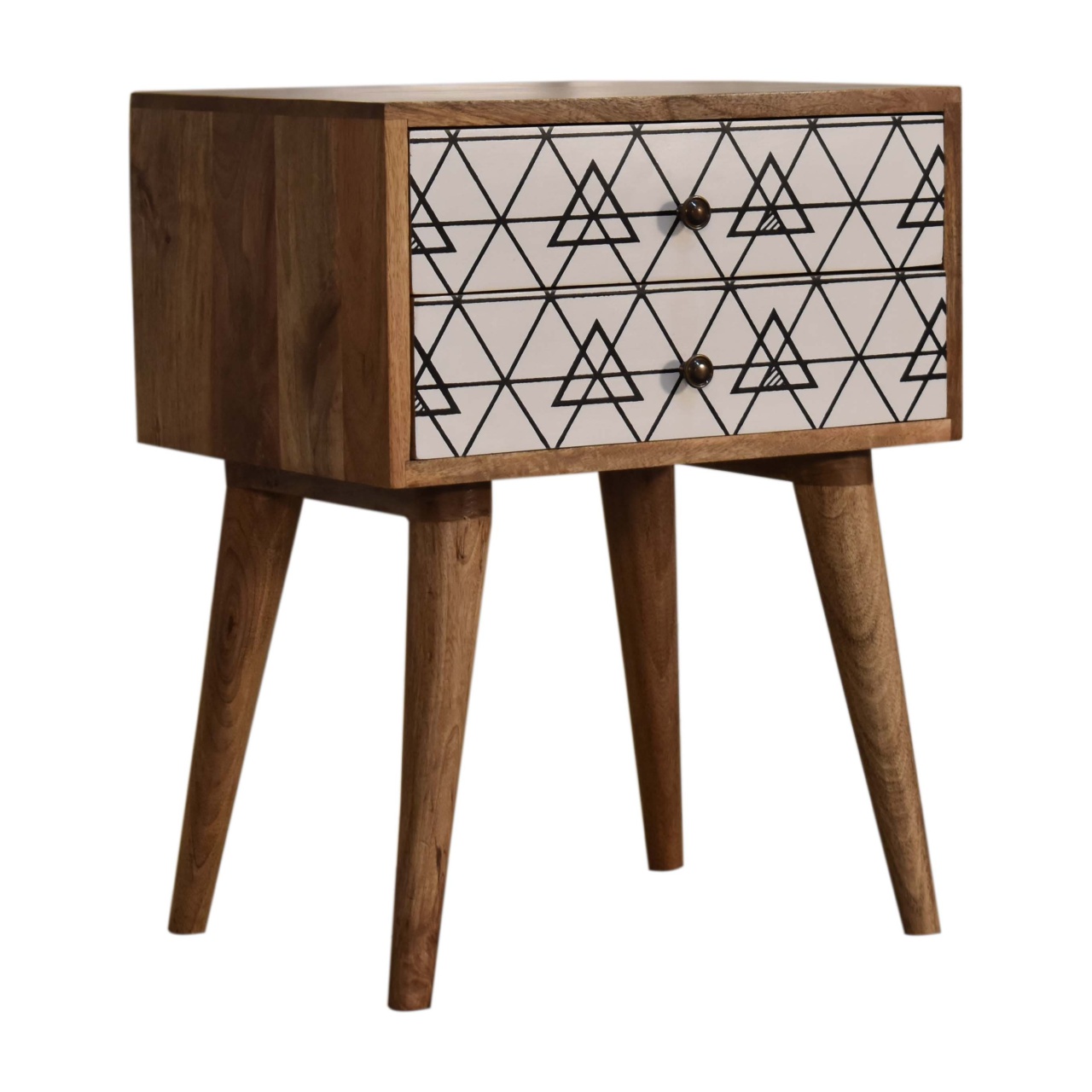 Solid Oak Finished Mango Wood Triangle Screen Print 2 Drawer Bedside - Image 2