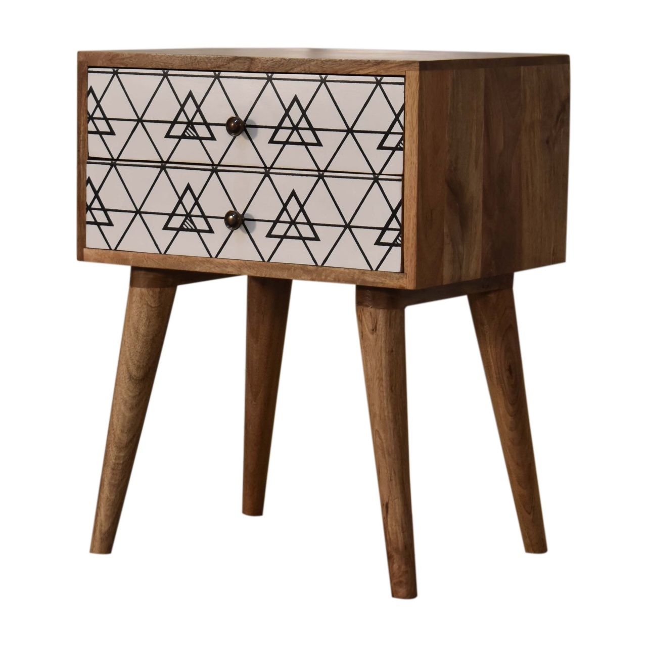 Solid Oak Finished Mango Wood Triangle Screen Print 2 Drawer Bedside - Image 3
