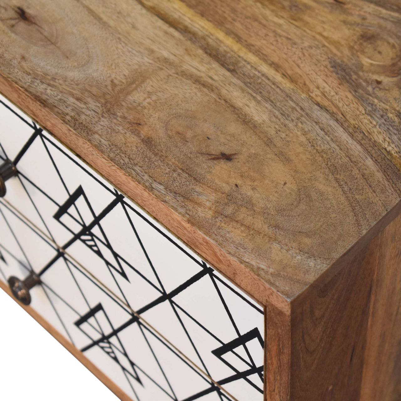 Solid Oak Finished Mango Wood Triangle Screen Print 2 Drawer Bedside - Image 4