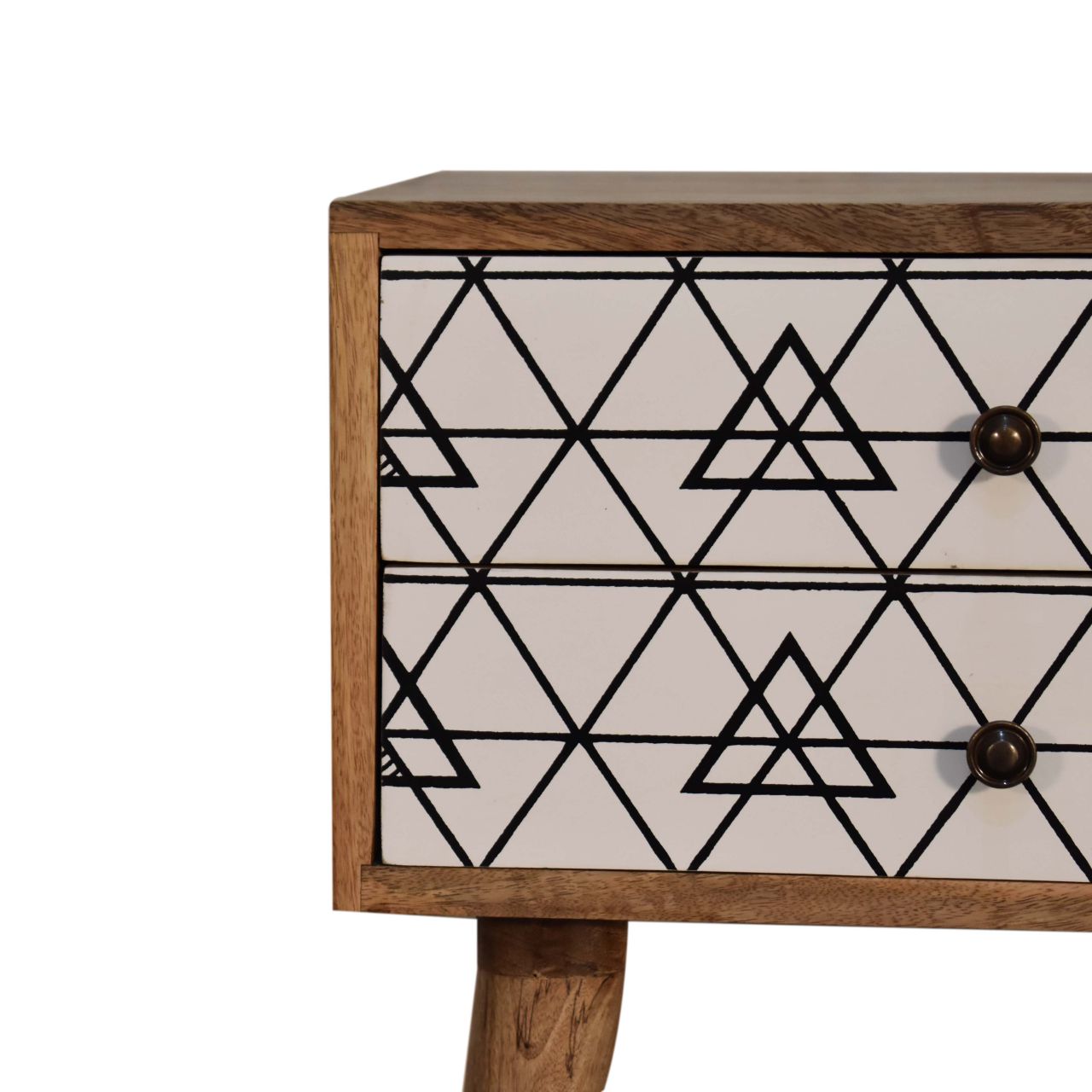 Solid Oak Finished Mango Wood Triangle Screen Print 2 Drawer Bedside - Image 5