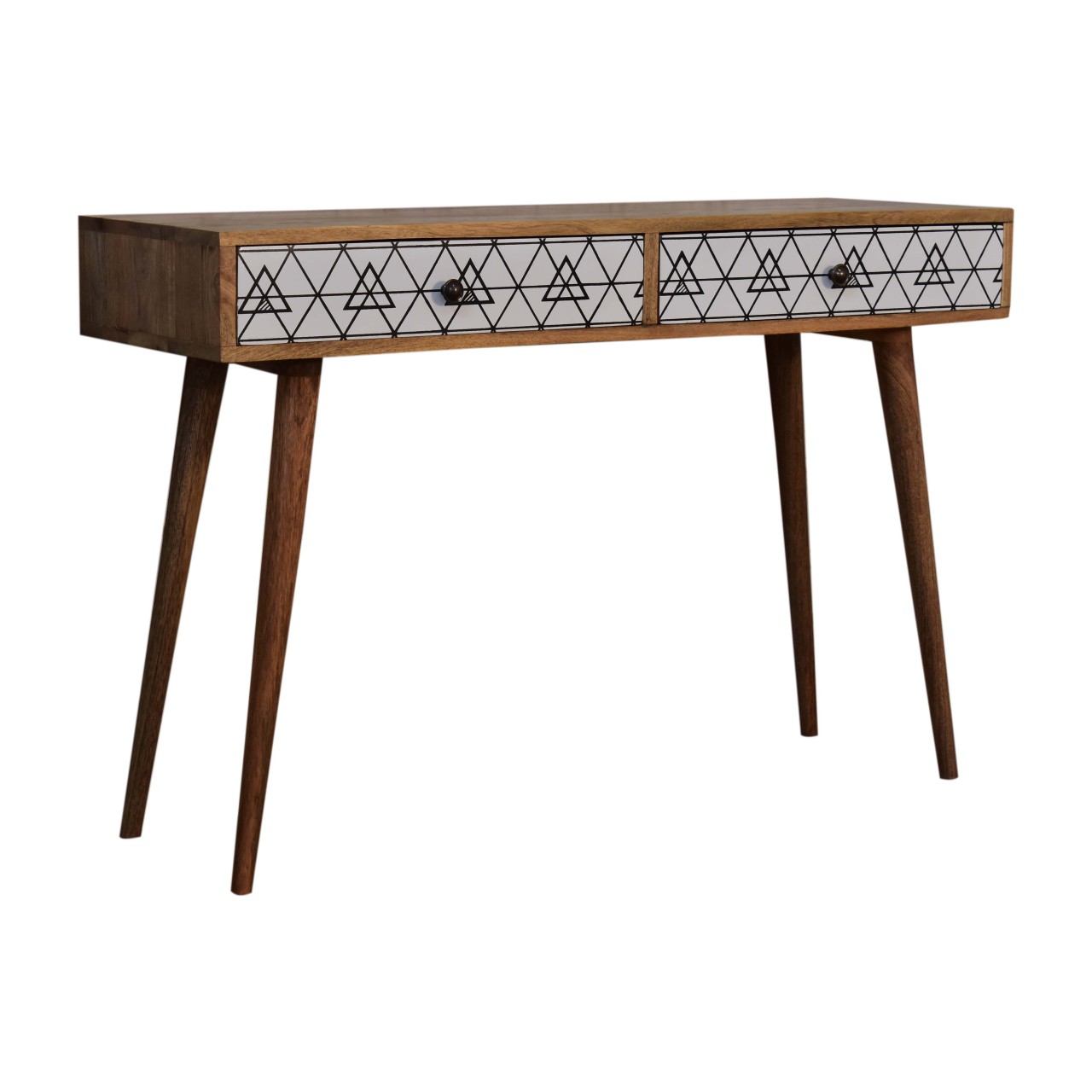 Solid Mango Wood Triangle Black and White Screen Printed Scandinavian Style 2 Drawer Console Table - Image 2