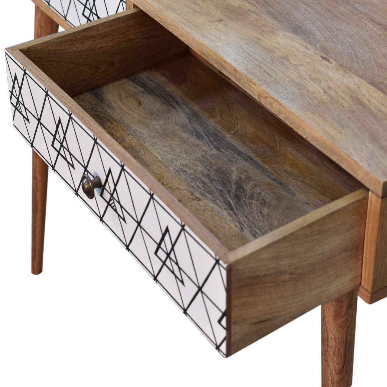 Solid Mango Wood Triangle Black and White Screen Printed Scandinavian Style 2 Drawer Console Table - Image 6