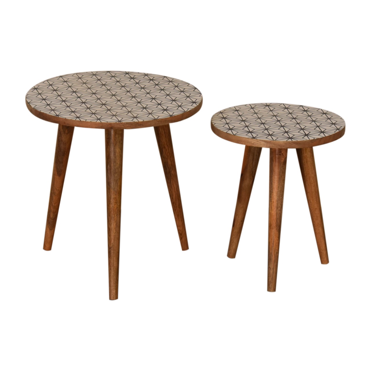 Solid Oak Finished Geometric Pattern Mango Wood Scandinavian Style Set of Two Lismore End Tables - Image 3