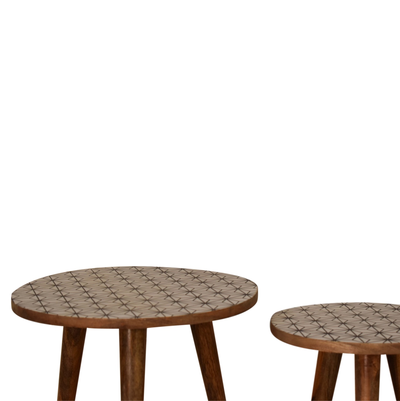Solid Oak Finished Geometric Pattern Mango Wood Scandinavian Style Set of Two Lismore End Tables - Image 2