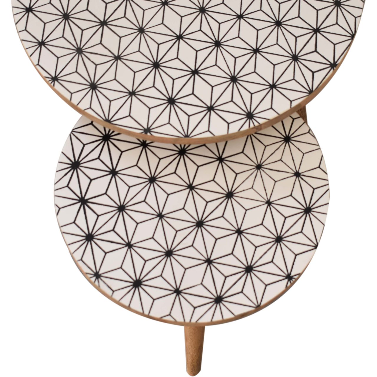 Solid Oak Finished Geometric Pattern Mango Wood Scandinavian Style Set of Two Lismore End Tables - Image 5