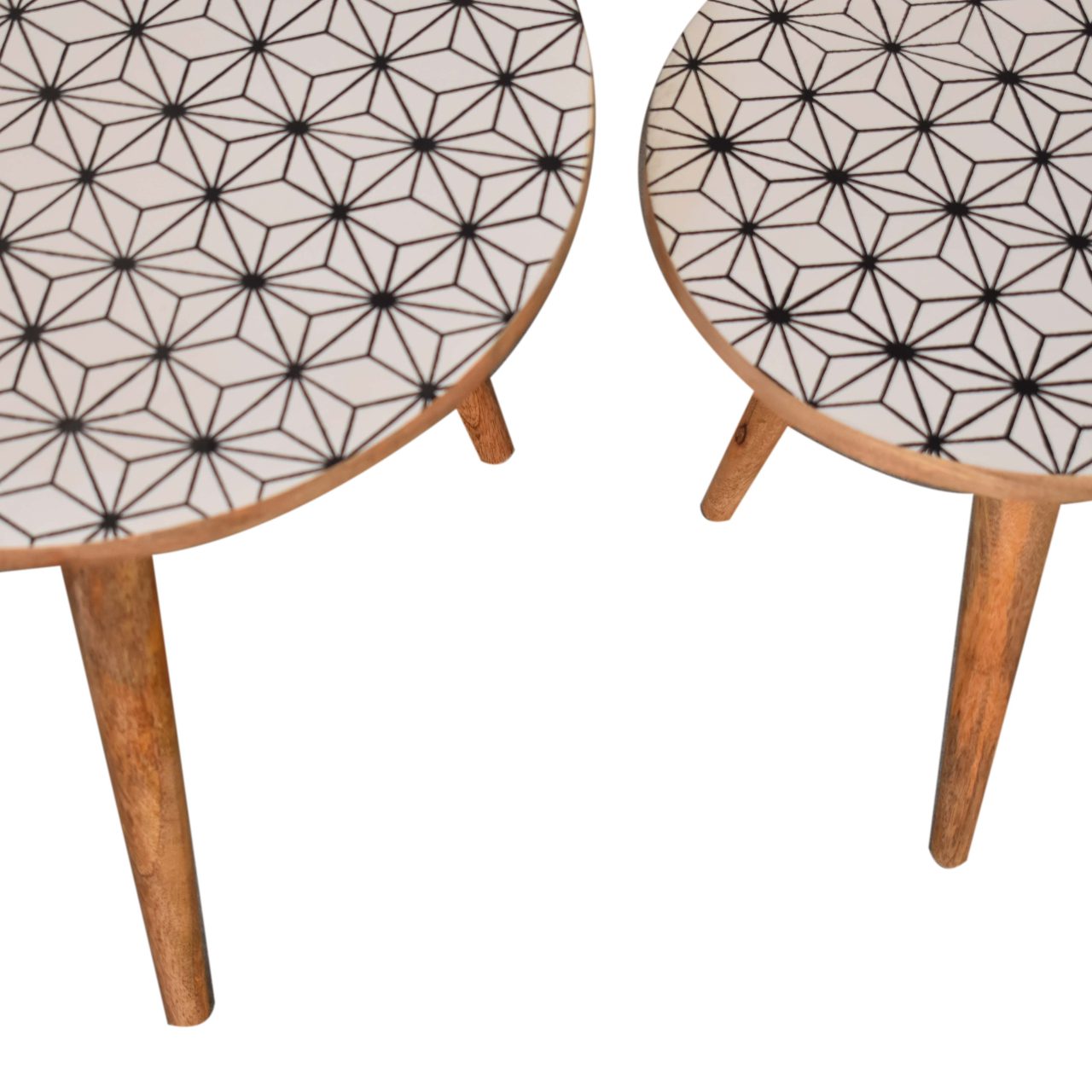 Solid Oak Finished Geometric Pattern Mango Wood Scandinavian Style Set of Two Lismore End Tables - Image 7