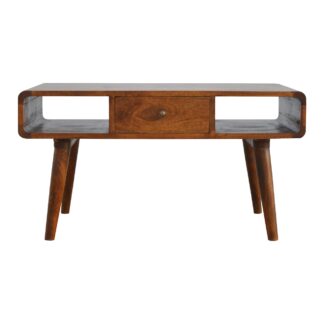 Solid Chestnut Finished Mango Wood One Drawer Curved Coffee Table