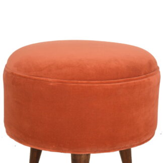 Solid Mango Wood Walnut Finished Brick Red Velvet Scandinavian Style Footstool