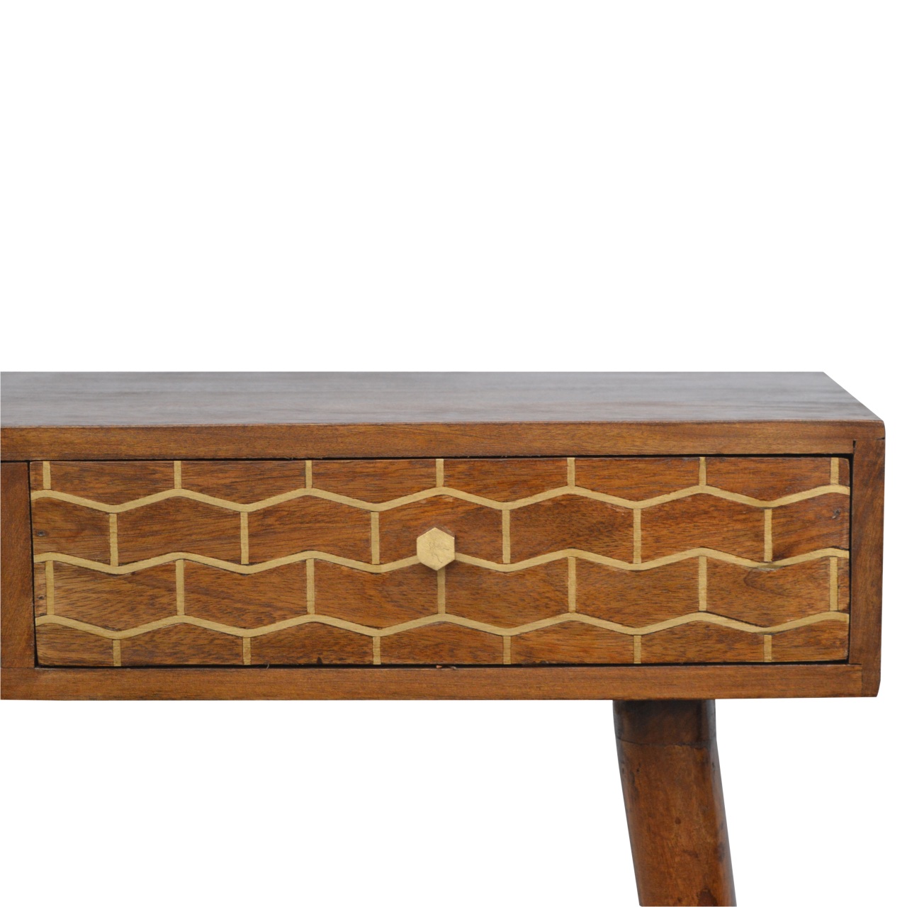 Solid Mango Wood Oak Finished 2 Drawer Chestnut Writing Desk with Gold Inlay Drawer Front - Image 3