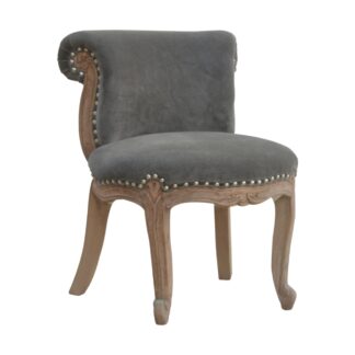 Solid Mango Wood Grey Velvet Studded Chair with Cabriolet Legs